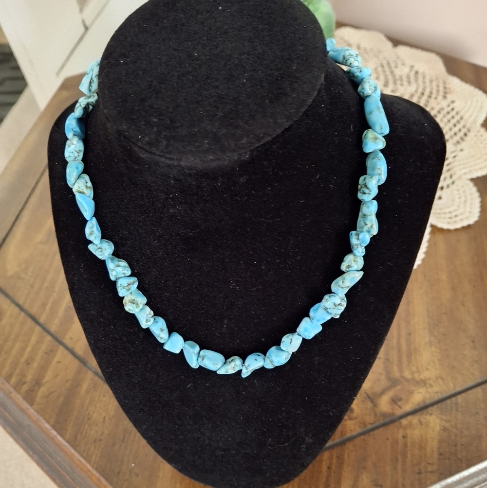Necklace Turquoise Chunky Beaded 16" Sterling Silver Choker